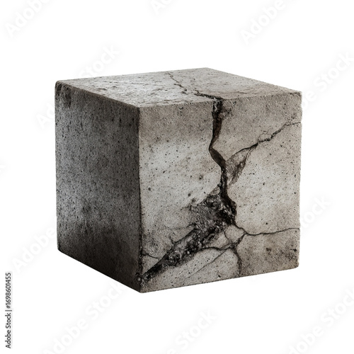 Png of cracked concrete cube isolated on transparent background, revealing weathered texture and structural damage, perfect for illustrating decay and strength