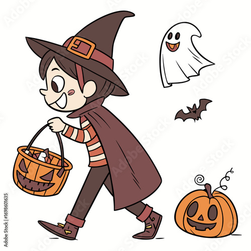 Halloween children trick or treat vector illustration in a funny cartoon style