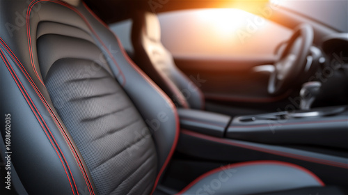 Close-up of modern car interior with leather seats and elegant stitching details, symbolizing luxury, comfort and automotive design in premium lifestyle environment.