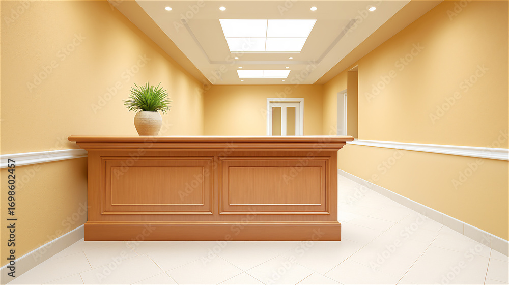 Fototapeta premium Modern reception desk in bright office interior with wooden finish and clean walls, symbolizing business, corporate design and hospitality, providing professional copy space.