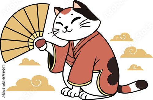 Cat wearing kimono holding fan with clouds animal traditional
