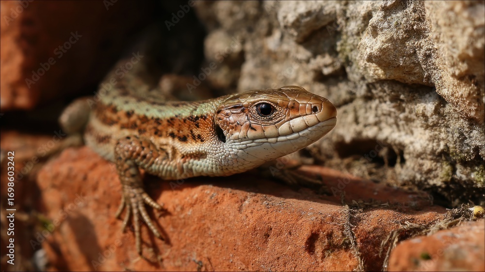 Naklejka premium Lizard on brick wall closeup