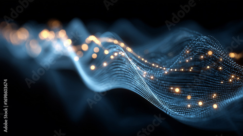 Flowing field of data points forming a dynamic wave, representing information flow analytics and machine learning insight.

