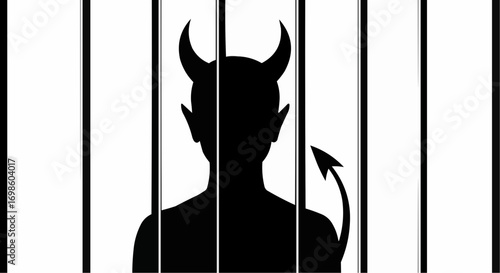 Vector art of silhouette of a devil with horns and a tail behind prison bars, representing evil or a criminal