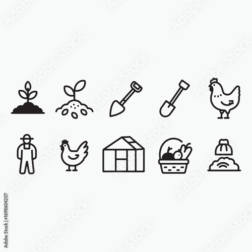 Farm and garden icons set featuring farmer plants tools and chicken