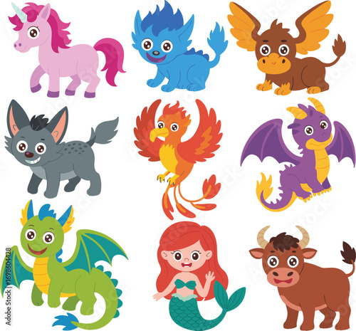 Cartoon mythical creature character set with unicorn, dragon, phoenix, mermaid, griffin, and more for fantasy, storytelling, children’s content, and magical design themes