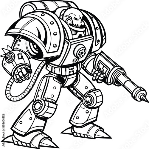 Robotic warrior with menacing skull helmet and weapon