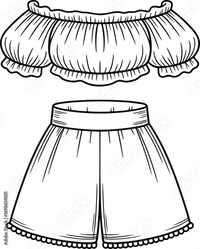 Off-shoulder crop top and high waist shorts fashion technical flat, ruffle and pom pom detail summer outfit vector sketch