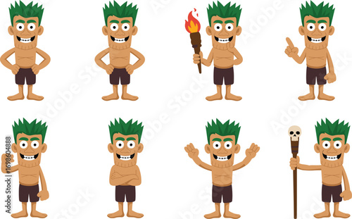 Cartoon tribal warrior character set with green spiky hair, expressive poses, torches, and gestures for fantasy, storytelling, and animated design themes