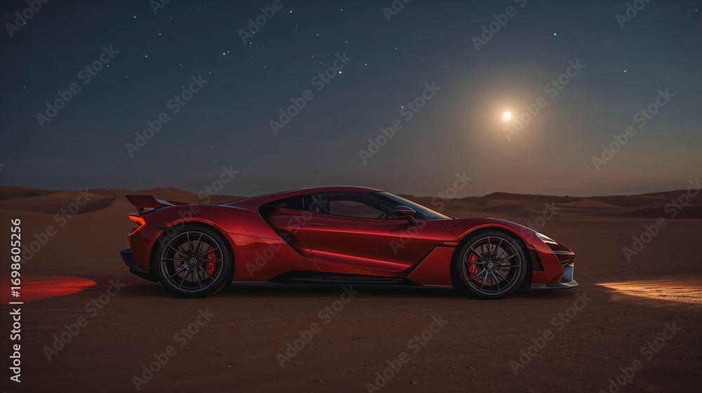 Fototapeta premium Sleek red sports car in desert at night