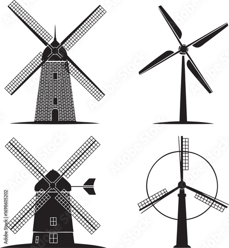 Windmill silhouette set vector illustration isolated On Transparent Background