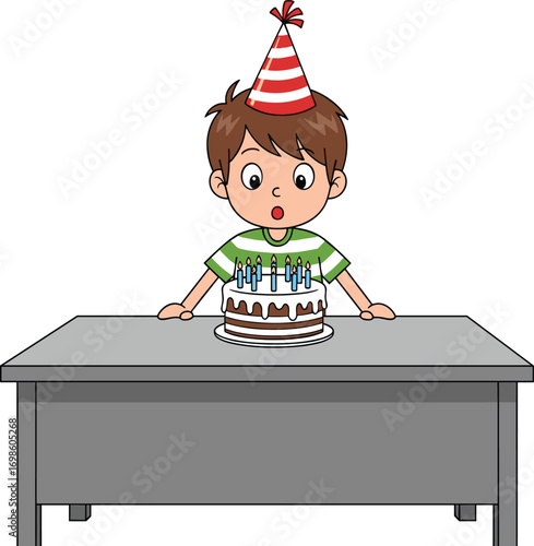 Cartoon child blowing out birthday cake candles, happy kids party celebration, festive hat, sweet dessert, joyful moment, children event illustration, flat vector design