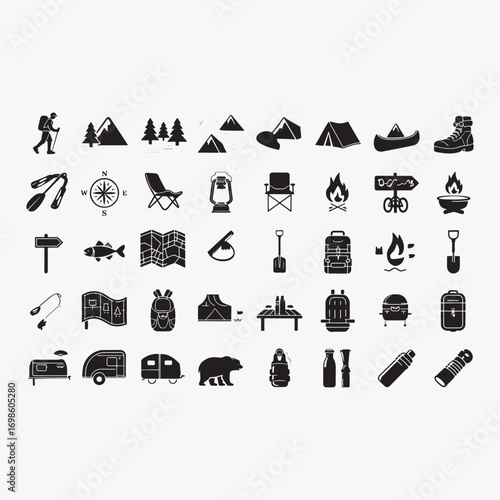 Collection of camping and outdoor adventure icons in black and white