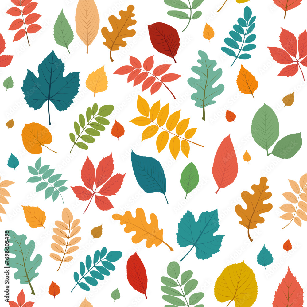 Fototapeta premium Seamless pattern with different colorful autumn leaves: ash, chestnut, birch, grape. Perfect for textile, wrapping paper, wallpapers, seasonal backgrounds. Vector illustration on white background.