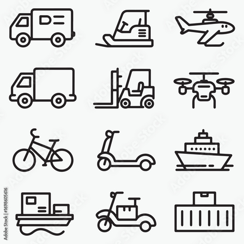 Collection of transportation and delivery vehicle icons in a grid layout