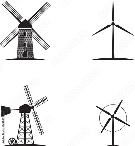 Windmill silhouette set vector illustration isolated On Transparent Background