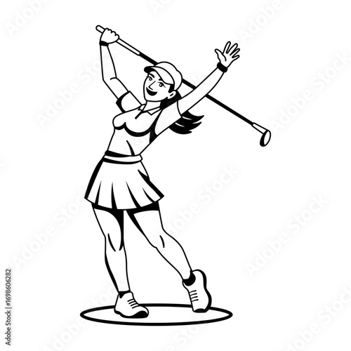 Happy girl at golf shot, glyph style illustration 
