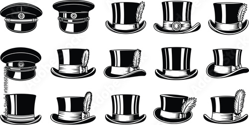 Black and white vintage top hats and military caps collection, detailed vector fashion accessories set for historical costume, retro style design