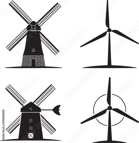 Windmill silhouette set vector illustration isolated On Transparent Background