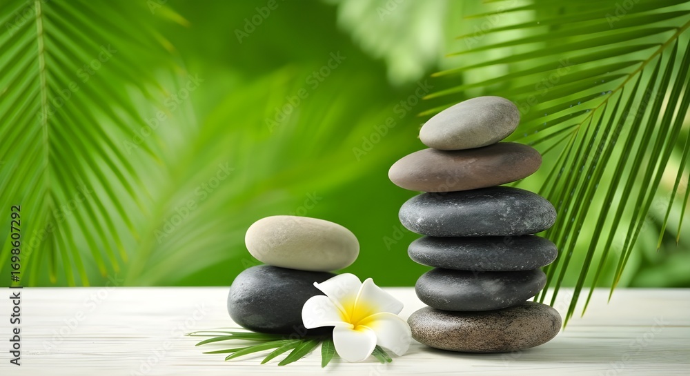 Obraz premium Stacked Spa Stones with White Flower and Palm Leaf | Zen Still Life for Wellness, Meditation and Relaxation Concepts