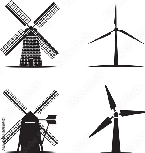Windmill silhouette set vector illustration isolated On Transparent Background