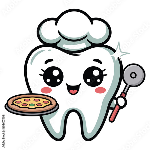 Adorable "chef" with kawaii style molar teeth, wearing a chef's hat and holding a pizza.
