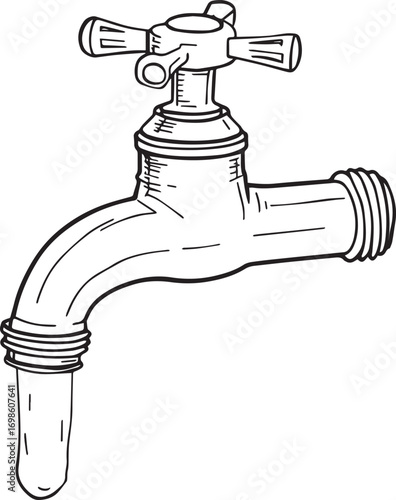 High-quality vector illustration of a vintage style water tap with running water, isolated on white background. Ideal for sanitary ware catalogs, plumbing fixture presentations, and household water de