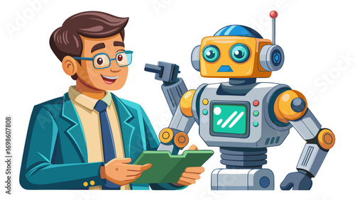Close-up portrait of male robotics trainer teaching with a small robot. Isolated white background emphasizes education, skill, and future readiness.