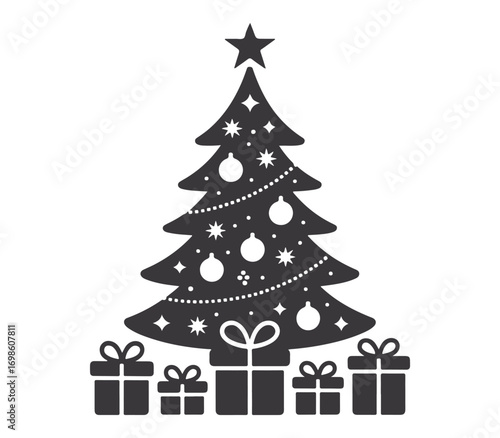 Black Christmas Tree with Gift Silhouette Vector Illustration for Festive Holiday Celebration