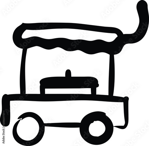 Simple black and white drawing of a food cart with wheels and a wavy top stall kiosk