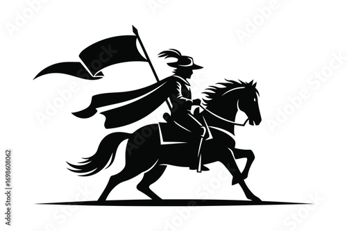 Silhouette of a knight riding a horse holding a tattered flag in dramatic motion silhouette