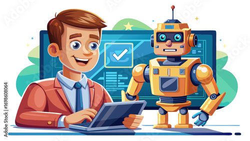 Close-up portrait of male robotics trainer teaching with a small robot. Isolated white background emphasizes education, skill, and future readiness.