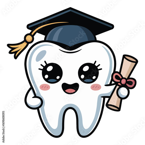 Graduation theme featuring a super cute molar tooth, in glitter kawaii style, wearing a mini graduation cap and holding a diploma tied with a bow, surrounded by confetti and bright stars.