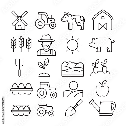 Collection of farm and agriculture icons in a simple outline style