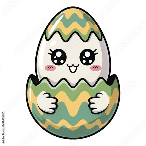 Adorable Easter egg with molar teeth holding an Easter egg in a kawaii holding style.