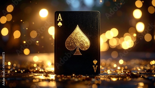 Ace of Spades card, golden details, bokeh background