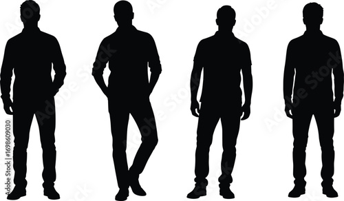 Black silhouette human figure poses set, standing man posture variations, fashion model outline, vector illustration for design, animation, ergonomic studies