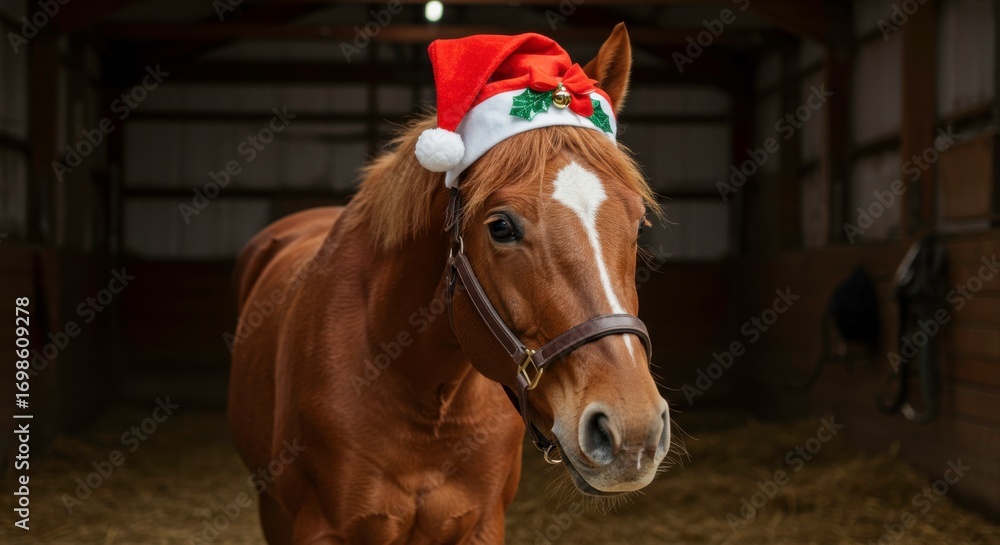 Fototapeta premium Festive horse portrait: a brown horse wearing a santa hat in a stable environment