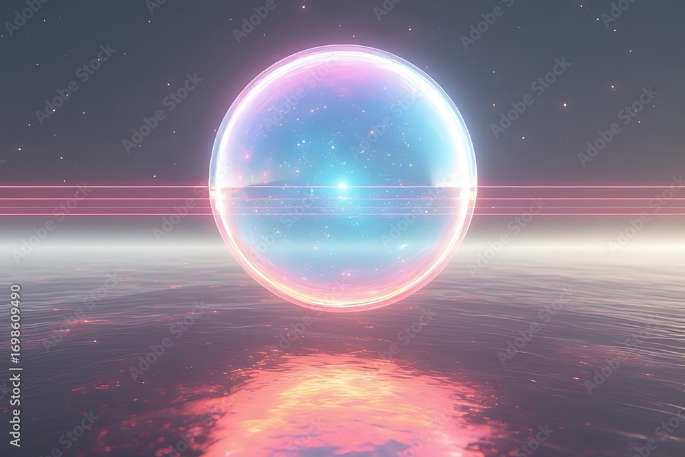 Fototapeta premium Luminous Sphere Floating Above Reflective Water glowing