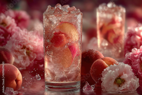 Peach oolong tea drink with ice and sliced peach in tall glass surrounded by peach fruit and pink flowers creating refreshing romantic summer mood