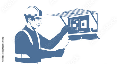 Construction worker installing electrical equipment on site