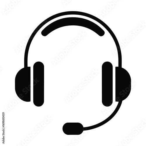 Simple black headset icon with microphone for customer service and communication