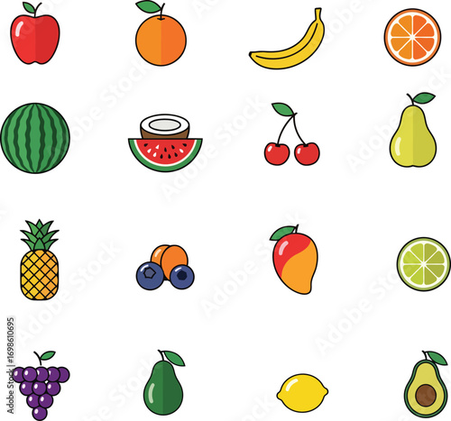 Colorful Fruit Icons Set – Apple, Orange, Banana, Watermelon, Cherry, Mango, Lemon, Avocado, and More