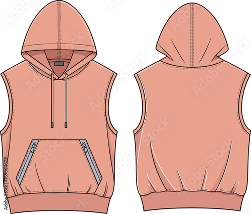 Unisex sleeveless hoodie flat sketch with zipper kangaroo pocket and drawstring hood, front and back technical fashion illustration
