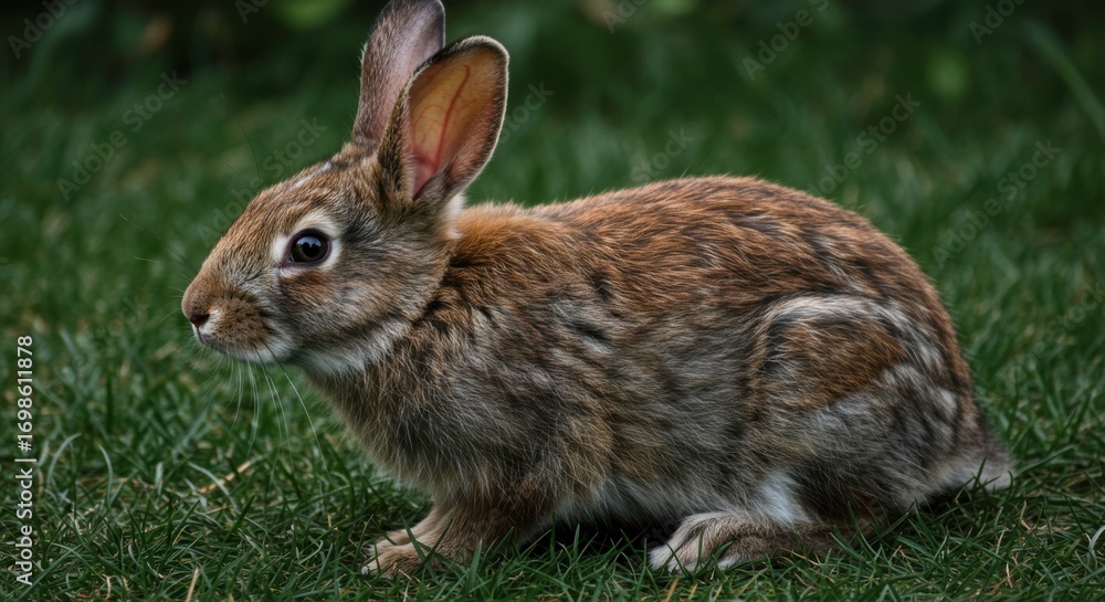 Fototapeta premium Serene Close-Up of a Wild Brown Rabbit Resting Peacefully on Lush Green Grass