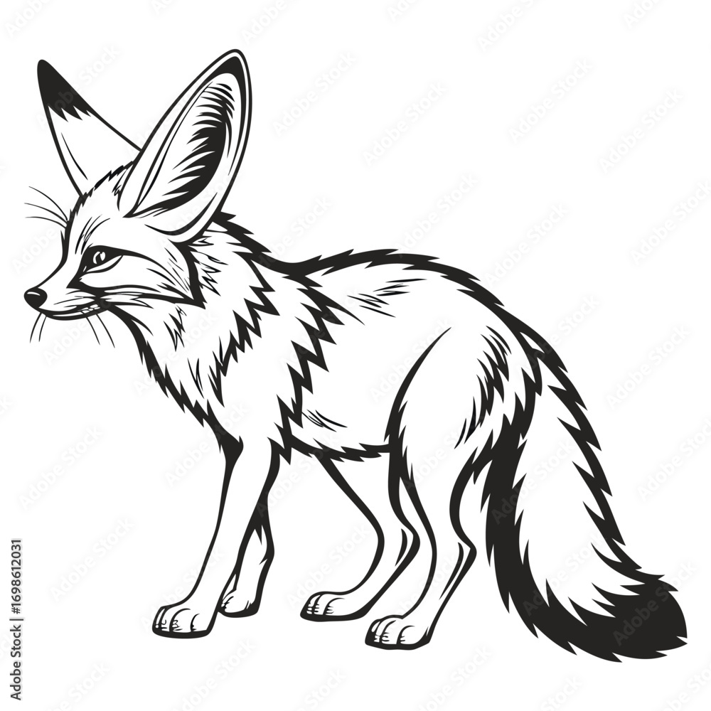 Fototapeta premium Monochrome Illustration of a Fennec Fox Standing Alert with Bushy Tail and Large Ears in Striking Detail