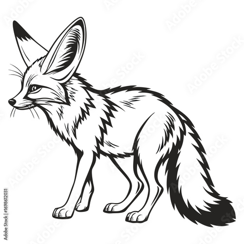 Monochrome Illustration of a Fennec Fox Standing Alert with Bushy Tail and Large Ears in Striking Detail