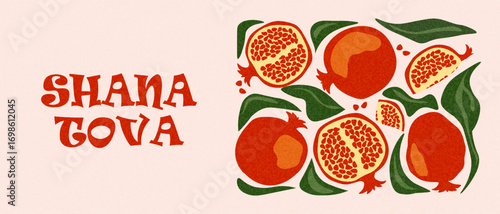 Rosh Hashana, Rosh Hashanah, Shana Tova greeting card, cover, holiday web banner, poste. Jewish New Year card with ripe red pomegranate fruit, leaves. Hand drawn template in trendy modern art style