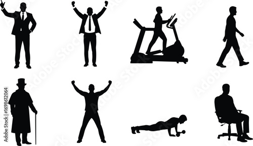 Black silhouette people in various poses and activities including exercise, walking, celebration, office work, vintage style, fitness, and leisure