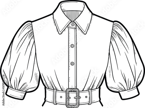 Vector blouse flat sketch with puff sleeves, waist belt, and button front – vintage-style fashion top technical illustration